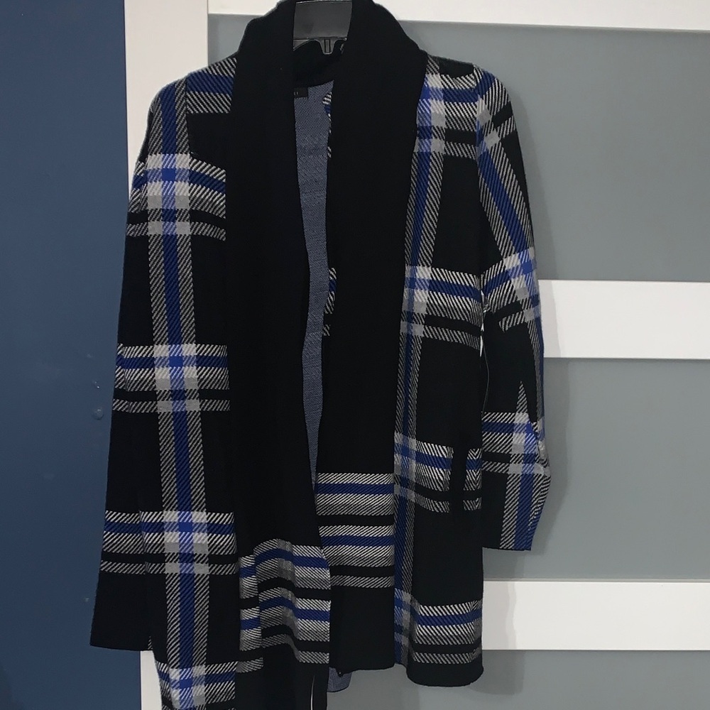 Tahari Black and Blue Plaid Pea Coat